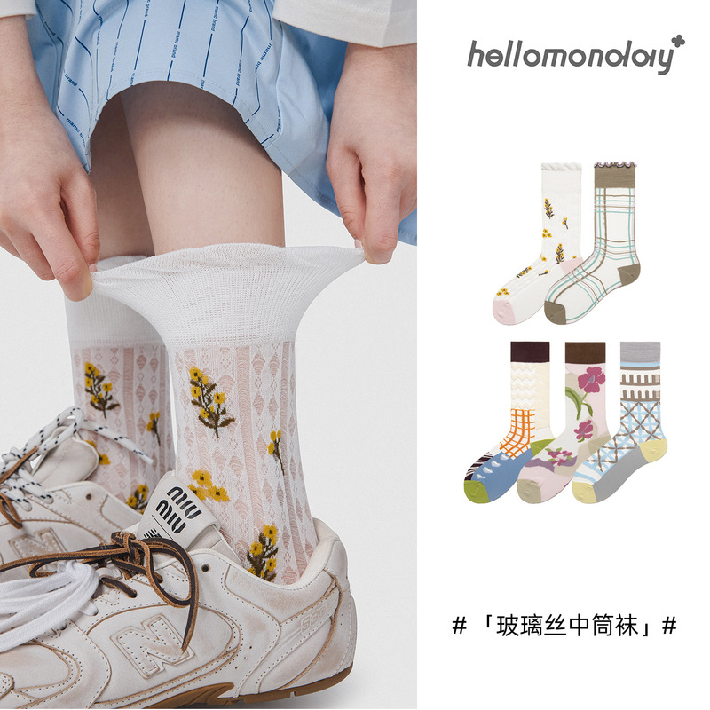 Handmade Knitted Spring/Summer Thin Glass Silk Mori Style Socks for Women, Ins Style Original Artistic Floral Breathable Women's Socks