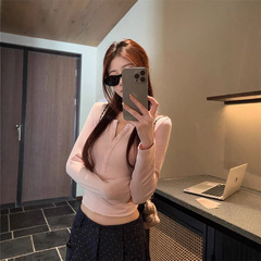 粉色长袖小众半开领短款T恤女秋季韩系甜辣妹修身显瘦内搭打底衫