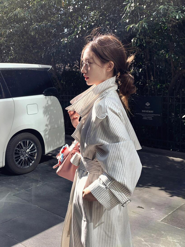 韩系双排扣条纹风衣系带外套女秋季2025新款高级感宽松中长款风衣|undefined