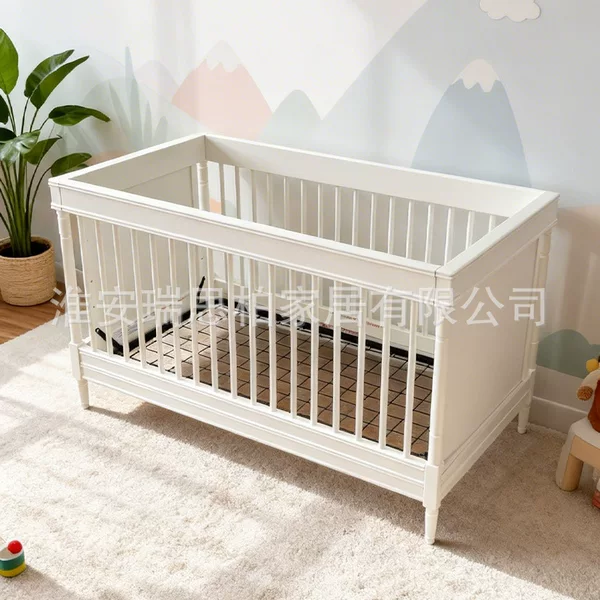 Solid Wood European-Style Crib with Adjustable Height for Newborns, Breathable Metal Bed Board, Cross-Border Factory