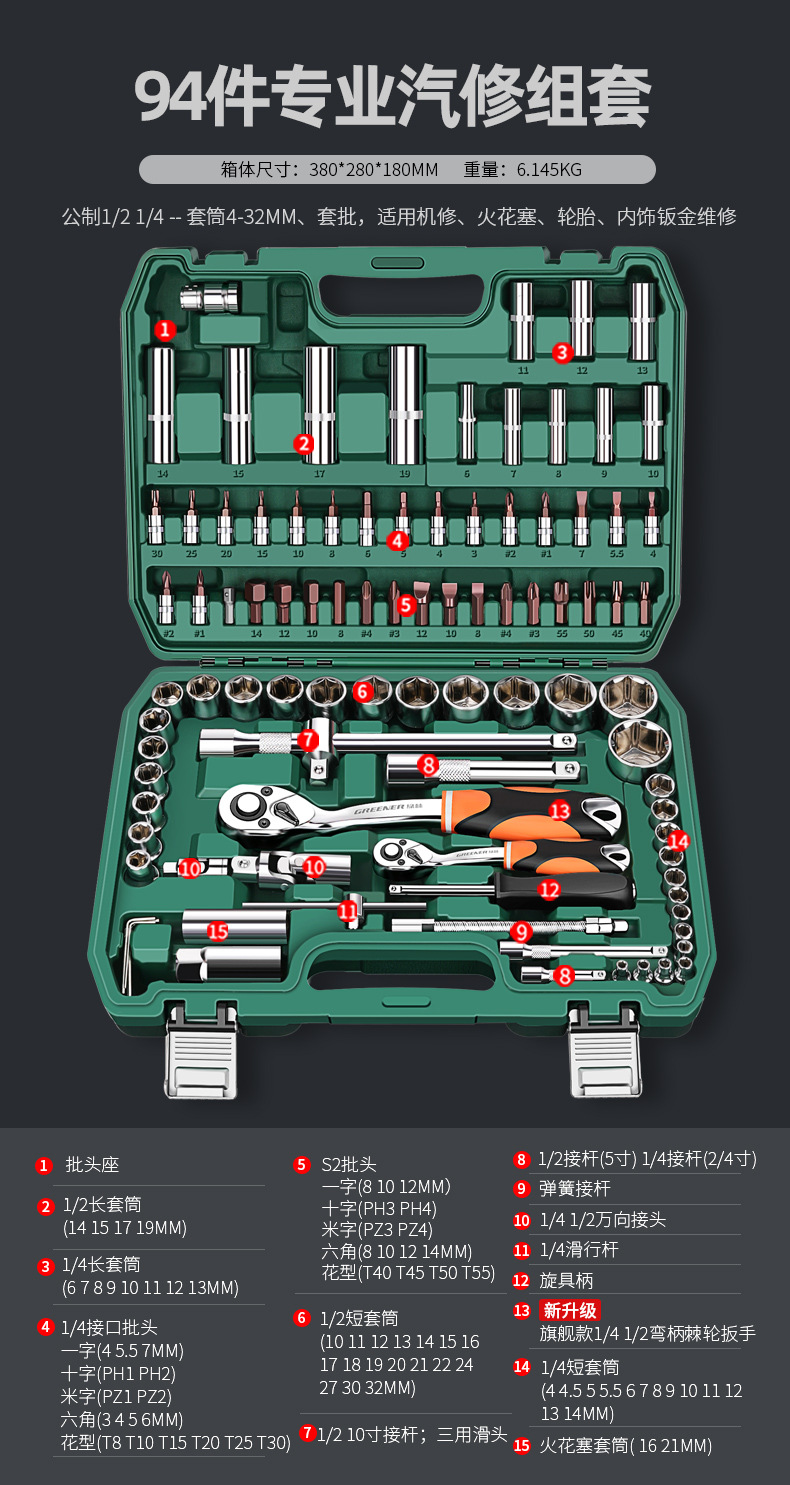 Suitable for Green Forest Auto Repair Tool Set Ratchet Quick Socket Wrench Sleeve Car Repair Motorcycle Maintenance