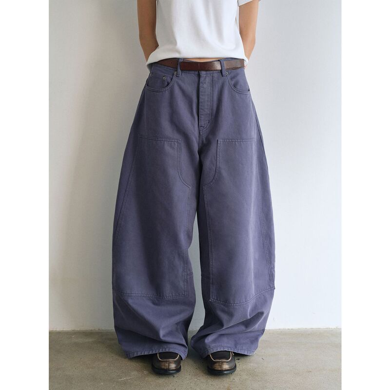 [Time Awareness] New Tencel Cotton Blue Purple Washed Cocoon Shape Logging Wear-Resistant Loose Wide Leg Work Jeans V9613