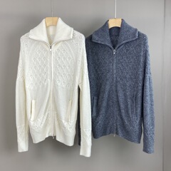 南油篙品25秋冬新款亮片羊绒重工镂空钩花翻领针织拉链开衫外套女