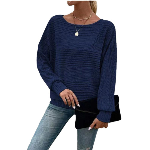 Autumn and winter new comfortable casual solid color long-sleeved round neck splicing pullover sweater for women to keep warm in winter
