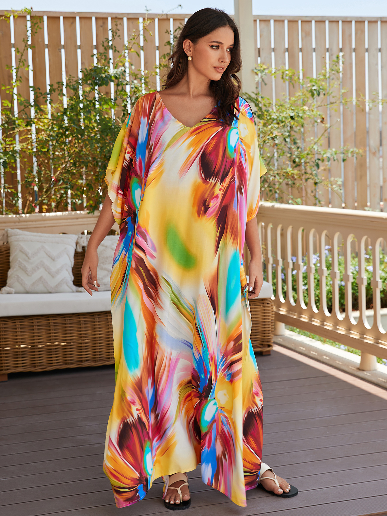 Rochie de plajă lungă kimono dama boho viscoză tie-dye_voghion.com