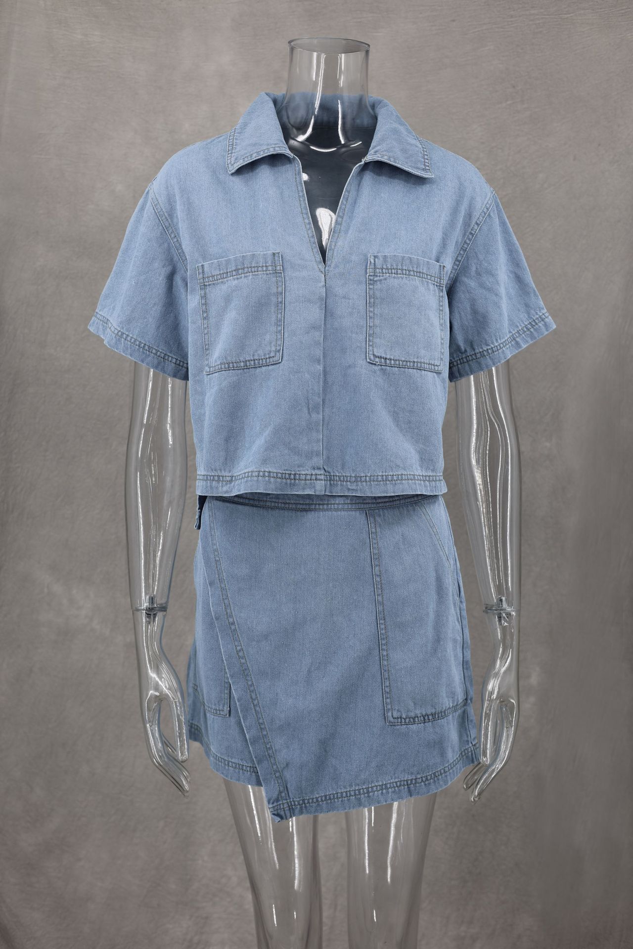 Comfort Casual Denim Women Summer Loose Slimming Polo Short Sleeve Shirt Irregular Asymmetric Pantskirt Two Piece Set