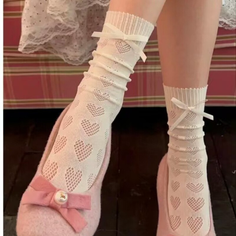 Lace Socks for Women, Mid-Calf, Summer Thin Slouch Socks, Miu Style Ballet Slouch Socks with Mary Jane Heart Socks
