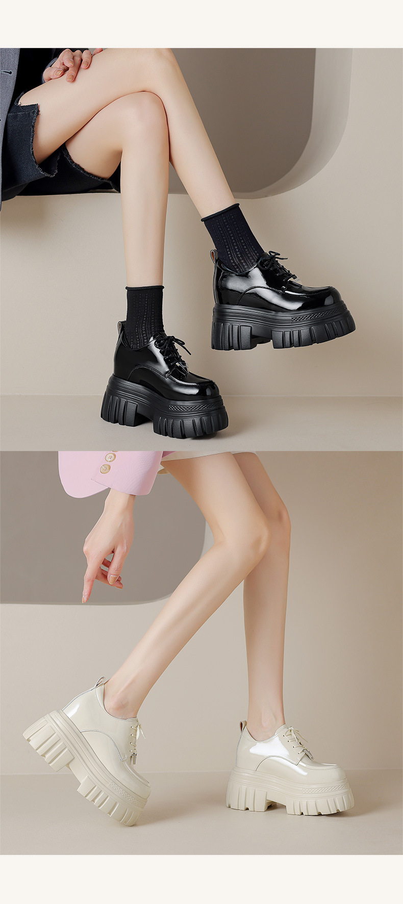 Giày loafer nữ đế xuồng platform buộc dây, gót ẩn tăng chiều cao — màu đen chi tiết 9