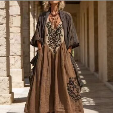 2026 New Bohemian Style V Neck Printed Long Dress Loose Sun Protection Cover-Up Seaside Vacation Beach Dress
