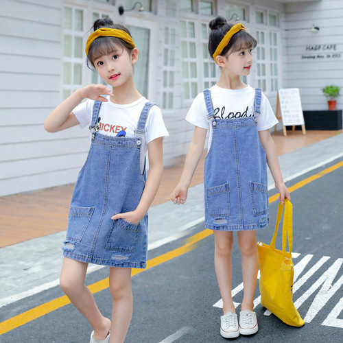 Girls' Denim Suspender Skirt 2023 Spring and Summer New Korean Style Suspender Dress Western Style Internet Celebrity Baby Long Skirt