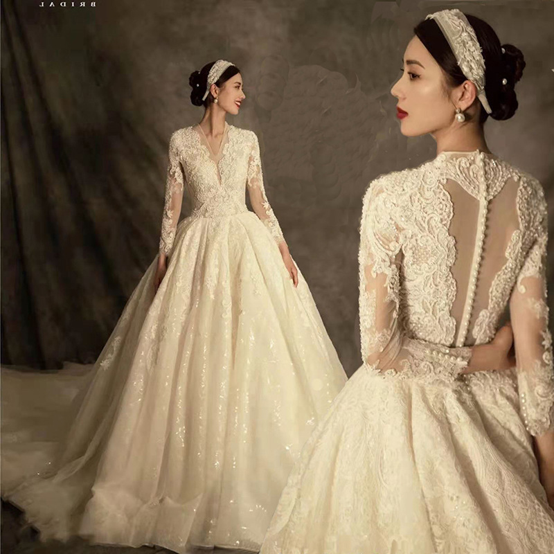 Freight 21 Wedding Dress European and American Craft Long Sleeve Middle Pearl Button-down Long Trailing Palace Photo Studio Wedding Performance