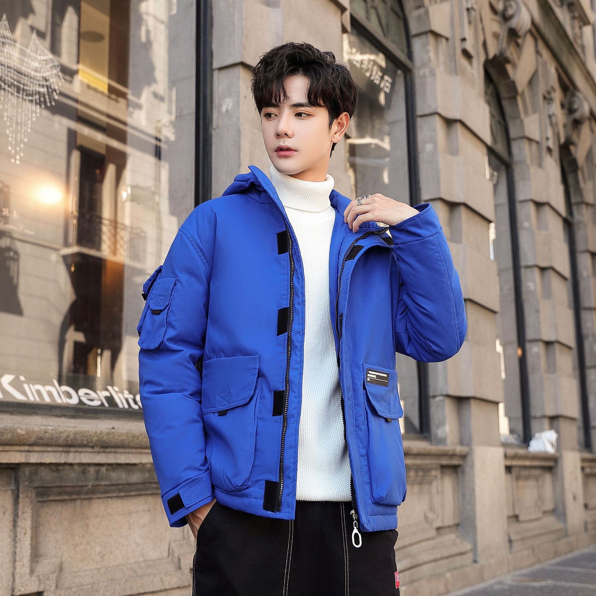 Korean style men's down jacket short winter workwear coat men's thickened youth hooded student casual winter clothing