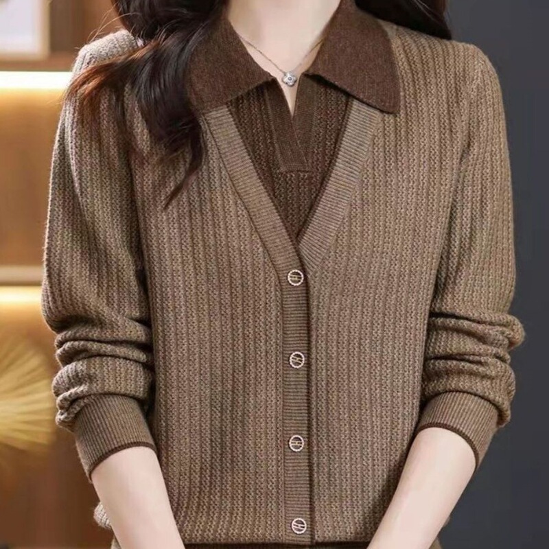 翻领假两件衬衫针织衫大码时尚气质中年女装秋冬长袖宽松洋气毛衣|undefined