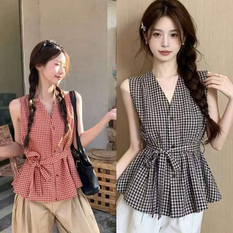 2026 Summer New V-neck Tie-Waist Slimming Age-Reducing Vest Retro Hong Kong Style Red Plaid Sleeveless Shirt for Women
