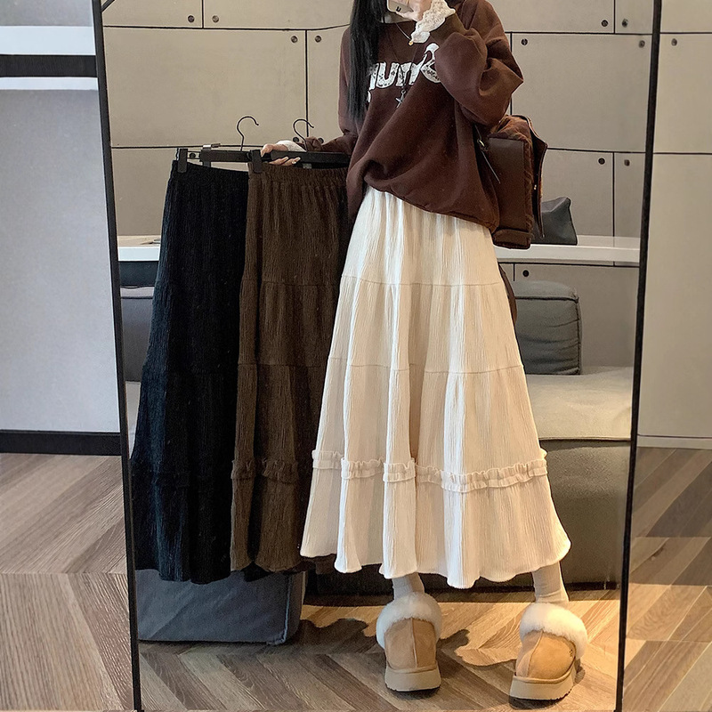 Korean Style Pleated Skirt Women's Autumn and Winter 2024 New Corduroy Lace High Waist Slimming A- line Mid-length Umbrella Skirt Ins Korean Style Pleated Skirt Women's Autumn and Winter 2024 New Corduroy Lace High Waist Slimming A- line Mid-length Umbrella Skirt Ins