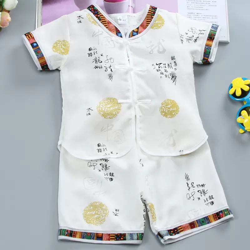 儿童套装男童唐装演出服宝宝短袖唐装功夫装中式装棉麻抓周岁礼服
