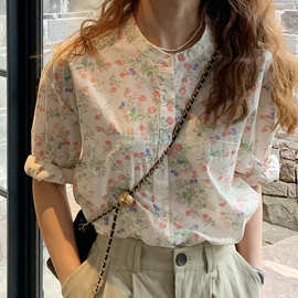 娃娃衫上衣女夏款韩版宽松文艺通勤圆领碎花棉麻中袖衬衫日韩厂家