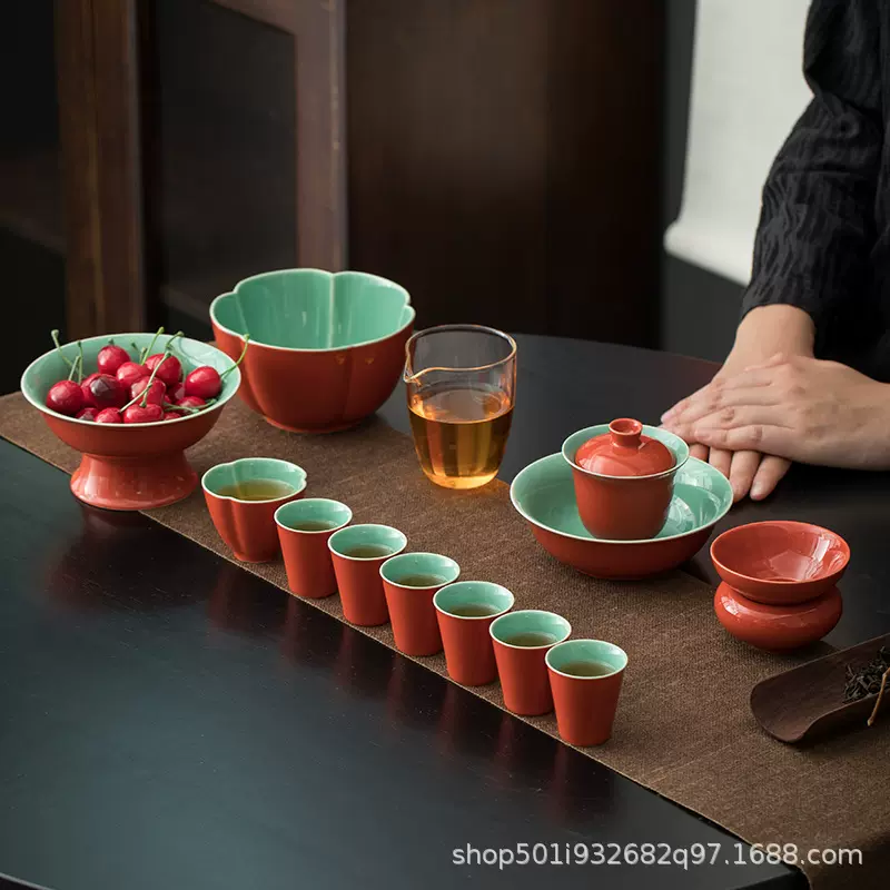 功夫茶具套装简约纯色茶具套装家用办公室送礼会客轻奢高档礼盒装
