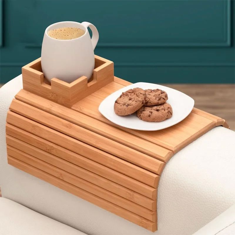 Bandeja para reposabrazos de sofá de bambú, plegable, anticaída, con almacenamiento, mesa de centro para reposabrazos de sofá, bandeja lateral para reposabrazos image 13