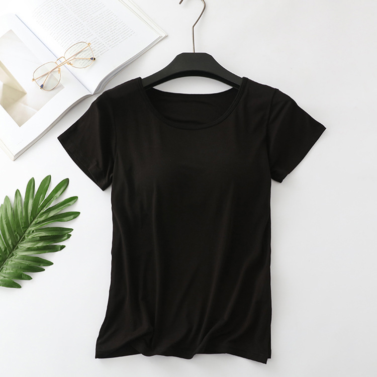 莫代尔带胸垫短袖T恤瑜伽家居服睡衣上衣女半袖文胸罩杯一体打底|undefined