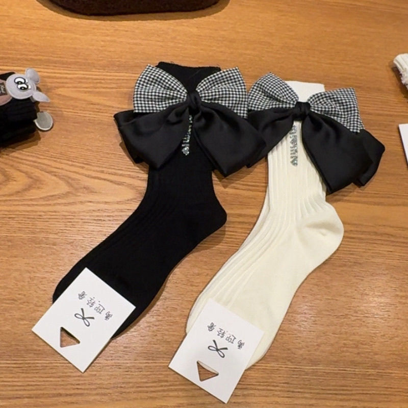 Early Autumn New Accessories Socks Oversized Plaid Bow Decoration Women's Socks Fashion Niche Designer Style Slouchy Cotton Socks Early Autumn New Accessories Socks Oversized Plaid Bow Decoration Women's Socks Fashion Niche Designer Style Slouchy Cotton Socks