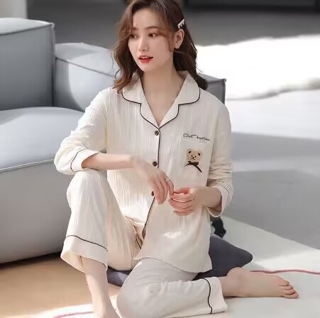 Pijamas de algodón para mujeres primavera y otoño manga larga dibujos animados coreanos se pueden usar ropa de hogar