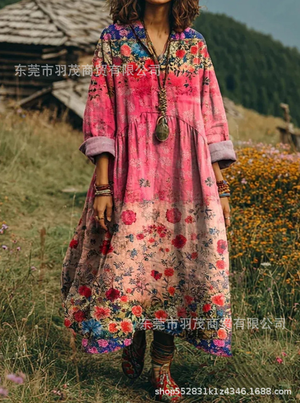 2025新款独立站女式复古花卉艺术图案印花口袋V领口袋连衣裙2|undefined