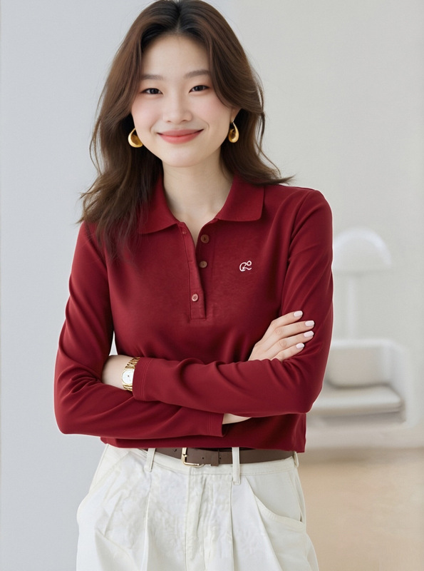 正肩休闲翻领长袖衬衫女士春秋新款刺绣polo衫撞色洋气Polo领上衣|undefined