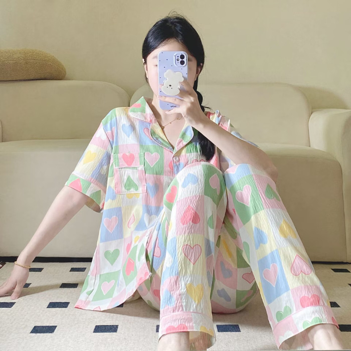 Verano nuevo pijama de amor mujer adorable oso simple ocio delgado nubes algodón ropa doméstica dos piezas conjunto al por mayor