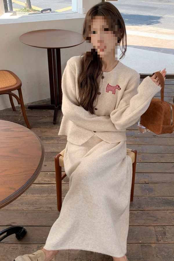 Mommy~ Maternity Wear Autumn and Winter New Embroidered Puppy Sweater Cardigan Elastic Waist Skirt Two-Piece Suit