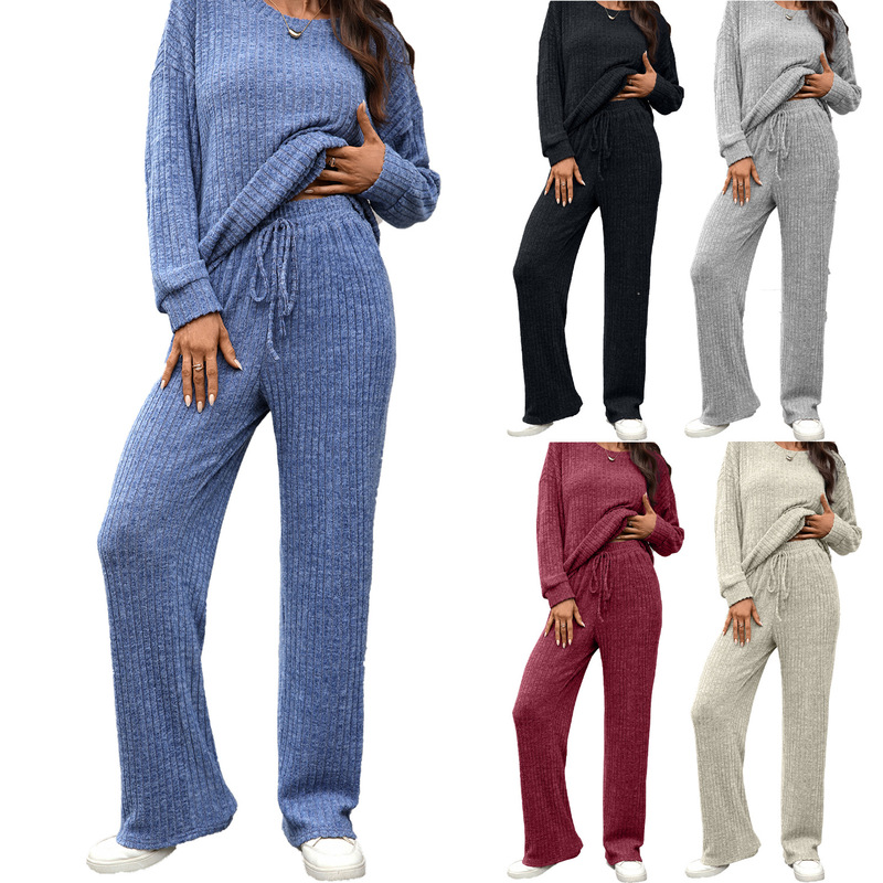 Cross-Border European and American 2025 New Amazon Round-Neck Knitted Long-Sleeve Brushed Casual Long-Sleeve Long-Pants Loungewear Set Cross-Border European and American 2025 New Amazon Round-Neck Knitted Long-Sleeve Brushed Casual Long-Sleeve Long-Pants Loungewear Set