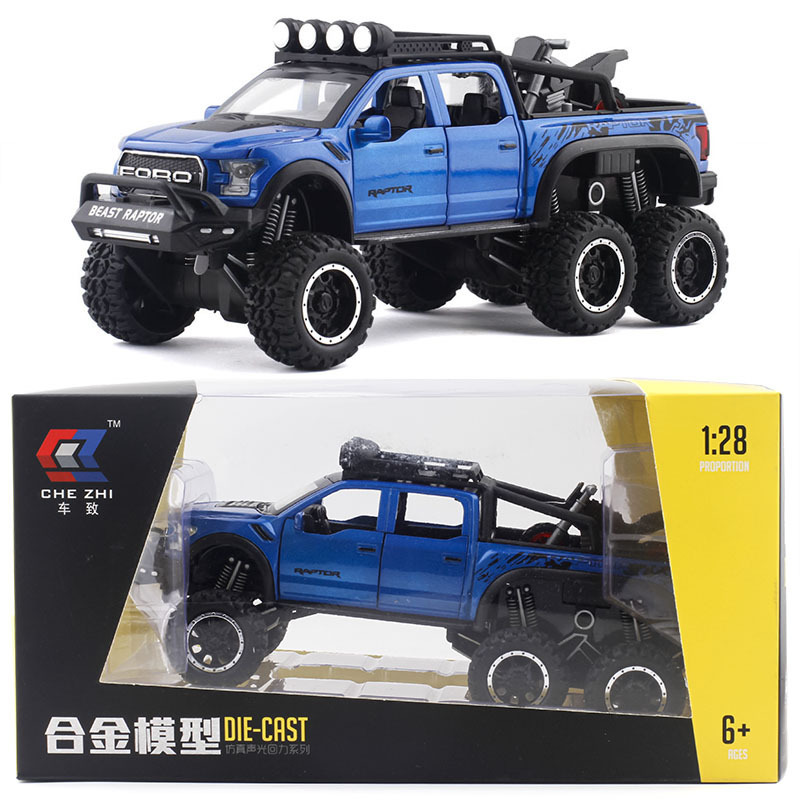 Raptor Pickup Truck + Motorcycle Six-Wheel Bigfoot Alloy Skin Simulation Model Off-Road Sound and Light Pull-Back Vehicle