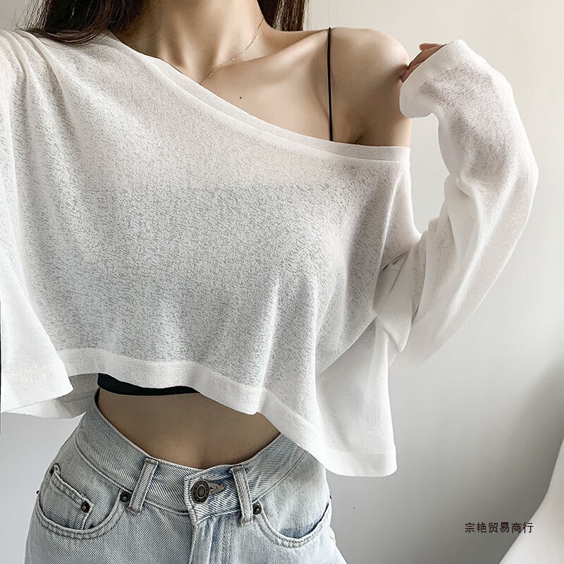 European and American Hiphop Street Jazz Dance Short Top Women's Loose Thin Navel-Baring Jazz Sun Protection Long-Sleeved T-Shirt