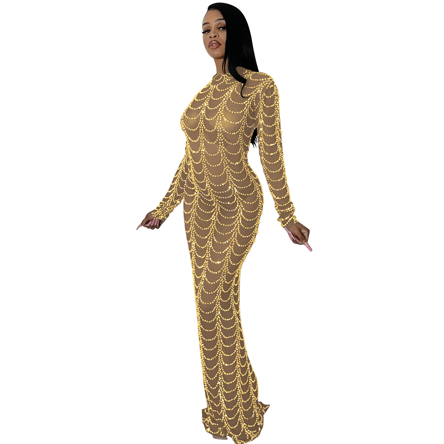 X5351 AliExpress Amazon moda europea y americana nueva sexy nightclub caliente rhinestone malla perspectiva Vestido de manga larga image 9