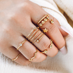 跨境熱銷戒指 簡約幾何形波浪彈簧五角星串珠關節戒組合七件套女