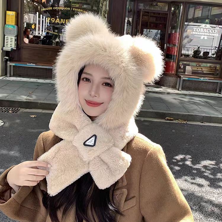 Otoño y invierno imitación de zorro sombrero de pelo cálido peluche lindo oso encapuchado sombrero de bicicleta sombrero de oído cálido