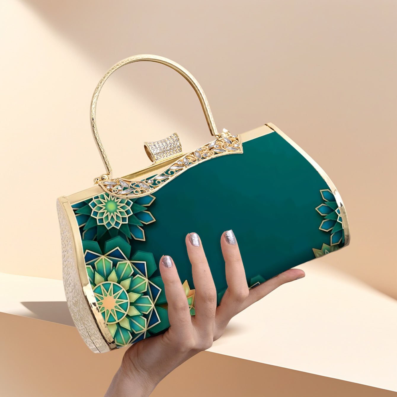 Elegante Abendtasche In Smaragdgrün Mit Blumenmuster Und Gold_voghion.com