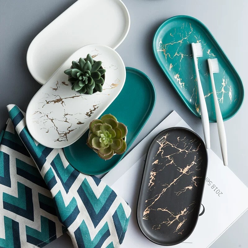 Nordic INS Internet Celebrity Ceramic Marble Pattern Oval Tray Jewelry Storage Plate Bathroom Cup Storage Plate