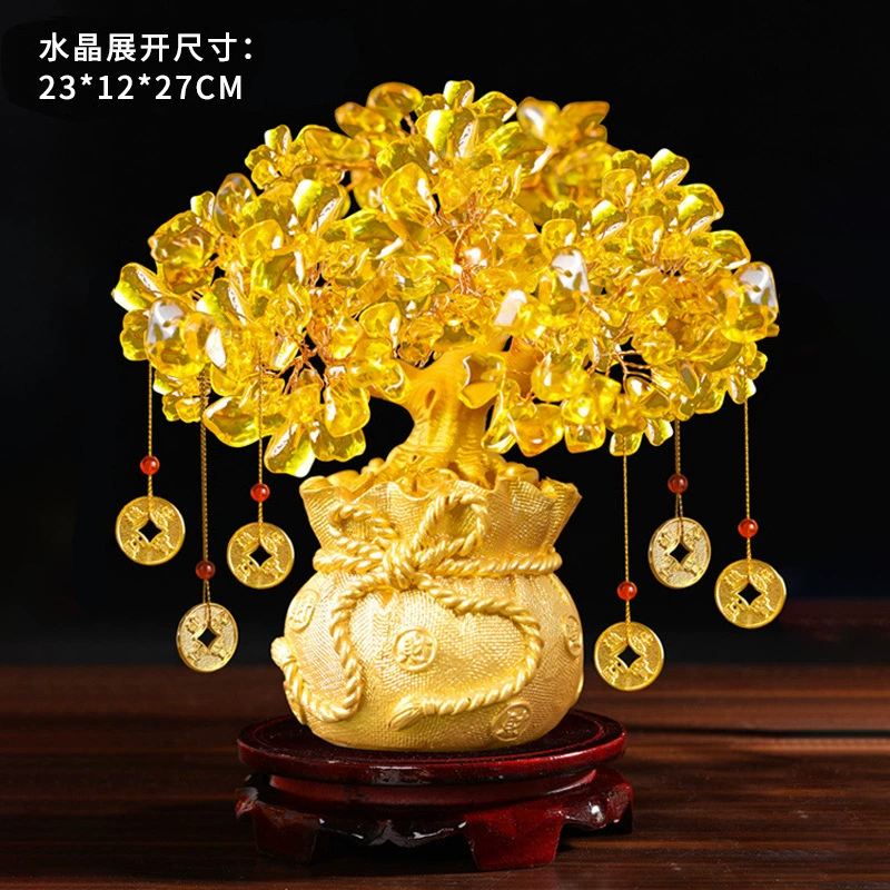 Crystal Money Tree Ornament, Citrine-Style Fortune Tree, Resin Base, 17 × 9 × 9 cm