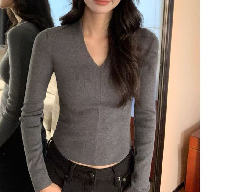 纯色v领针织打底衫女秋冬新款内搭毛衣纯欲修身显瘦百搭长袖上衣|undefined