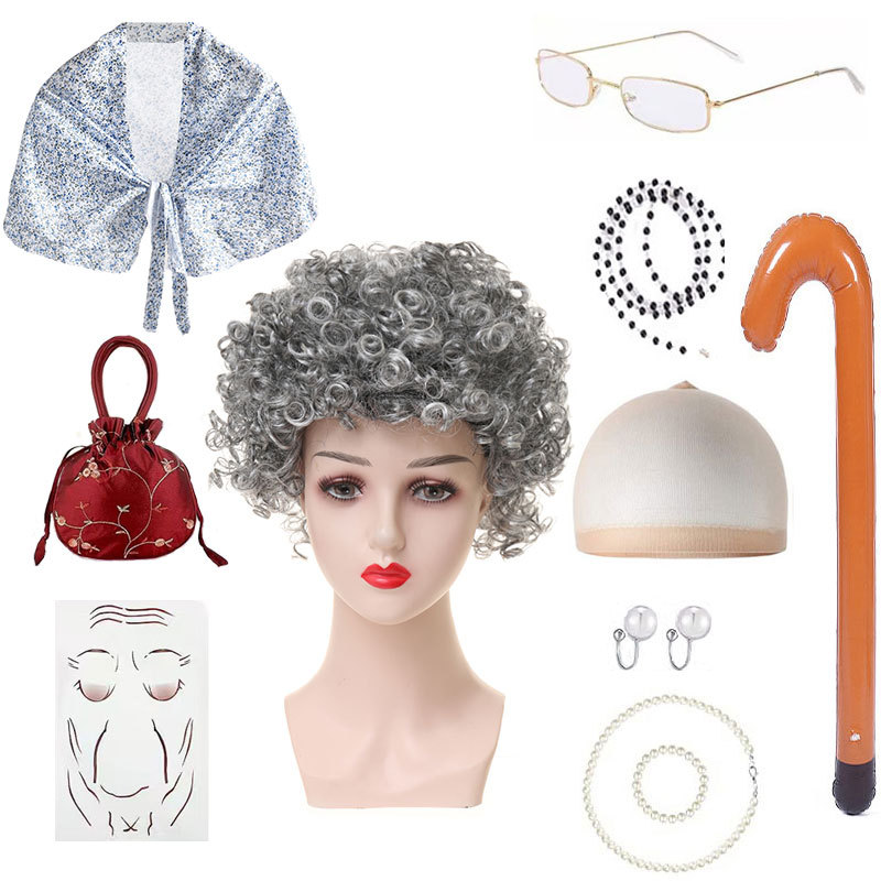 Amazon nueva abuela peluca abuelo pelo vieja dama vieja peluca chal traje accesorios traje