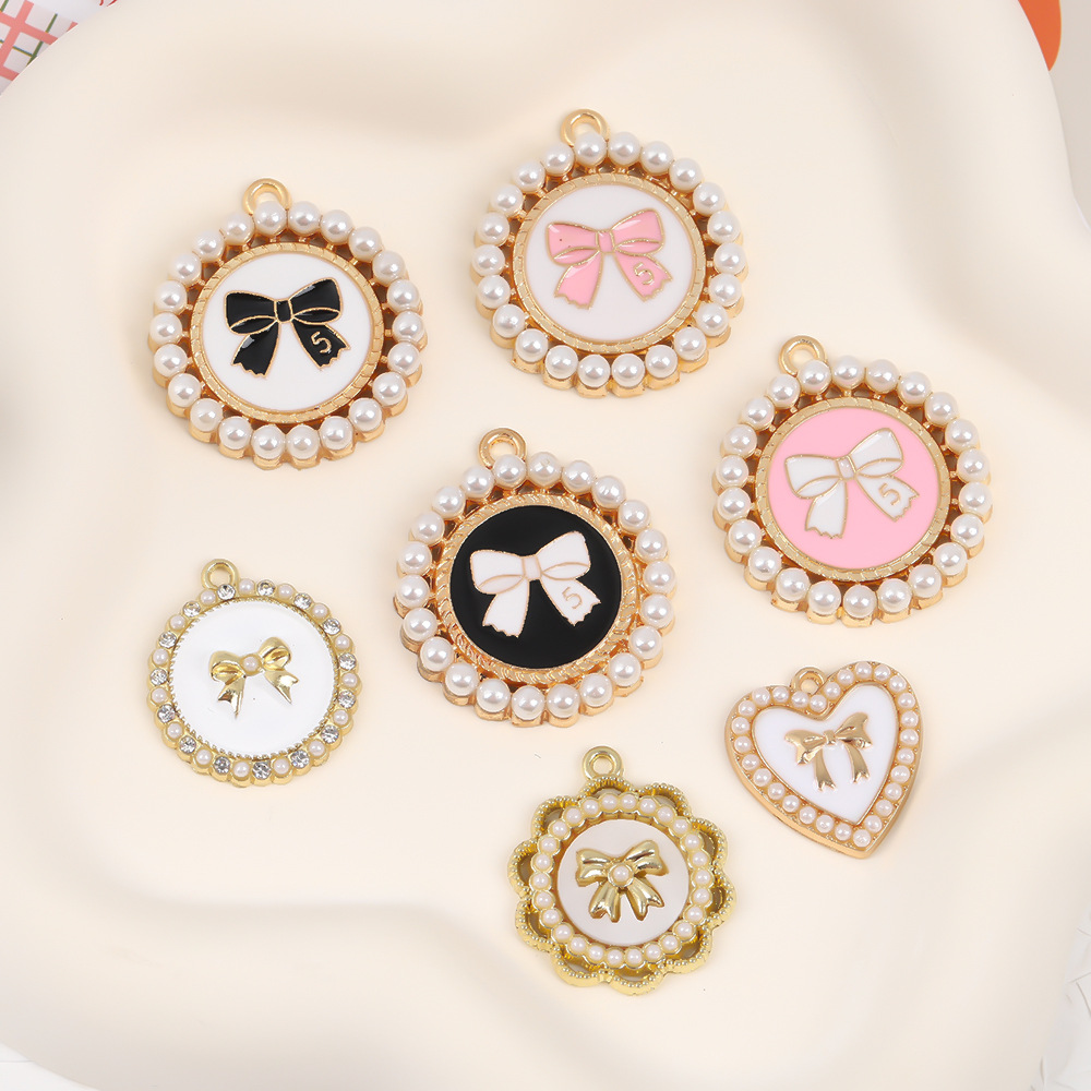 Pearl-Edged Oil-Drip Bow Pendant Korean Style Small Fragrance Geometric Jewelry Accessories DIY Earrings Headband Pendant