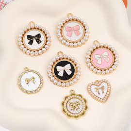 珍珠镶边滴油蝴蝶结吊坠韩版小香风几何饰品配件diy耳饰头绳挂饰