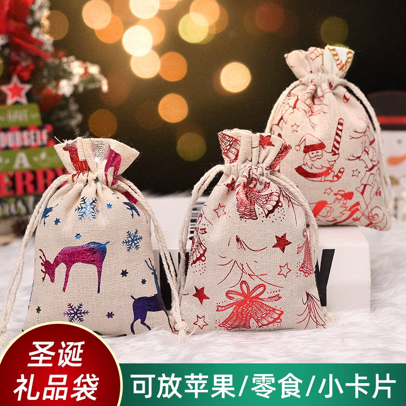 Сумка- gift с завязками из хлопка и льна, размеры 10×14 см и 13×18 см, праздничные принты к Рождеству
