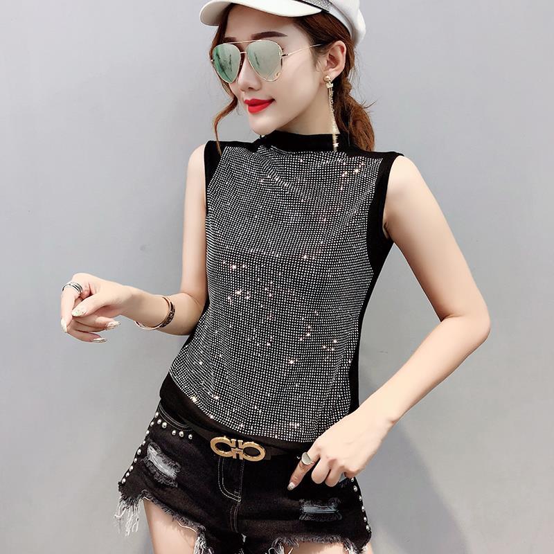 유럽 역 여름 새로운 최고 유행 외국 스타일 중공업 핫 드릴링 모든 매치 슬림 핏 슬리밍 조끼 티셔츠 여성용