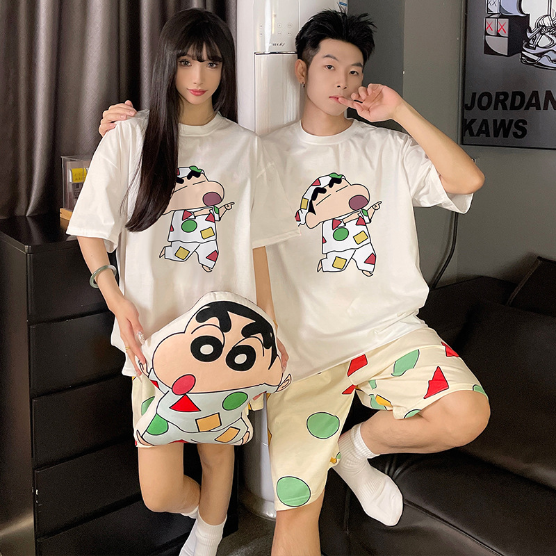 Lápiz japonés pequeño nuevo pijama de pareja mujer algodón de verano manga corta dibujos animados lindos hombres ropa de casa set de verano