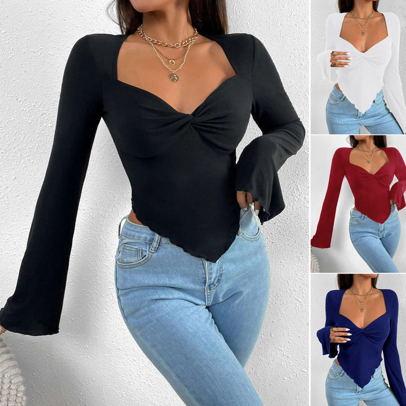 2026 European and American Export Women's Clothing T-Shirt Vacation V-Neck Bell Sleeve Waist-Cinching Irregular Knitted Long-Sleeve T-Shirt Top
