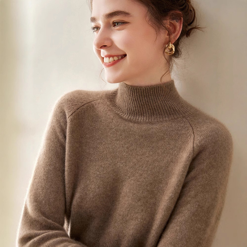 2025 Cashmere Sweater for Women, Half-High Collar, Double-Layered, Thick, Loose, Slimming, Skin-Friendly Knit Base Shirt Sweater