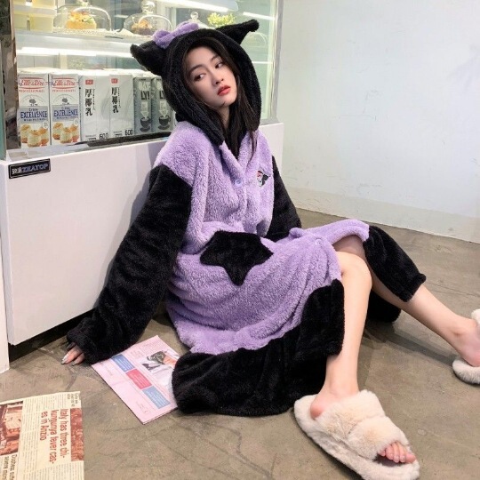 Autumn and Winter Cartoon Kulomi Thickened Pajamas Cute Clown Fish Women's Cotton Fleece Panda Bathrobe Medium and Long Nightgown