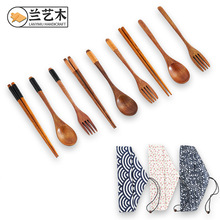 厂家日式餐具木勺木筷网红布袋礼品缠线筷子创意便携勺筷叉三件套
